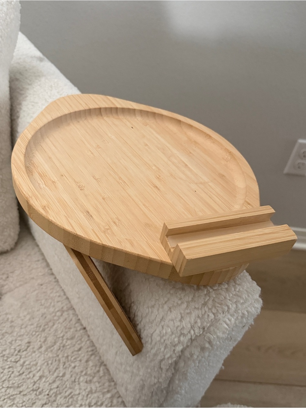 Bamboo Sofa Arm Tray with Phone Slot - Natural Light Wooden Design